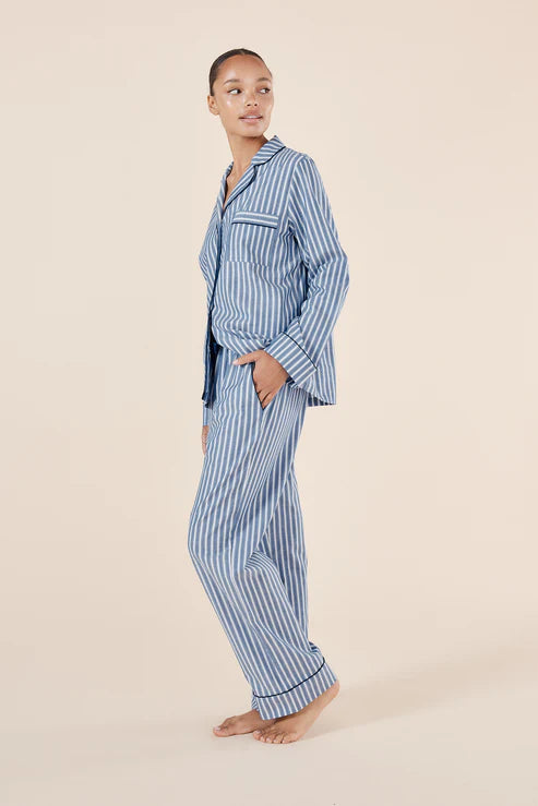 Octavia Cotton Stripe PJ Set | Blue