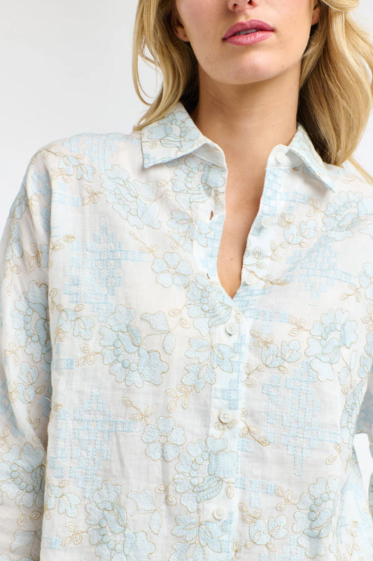 Amelia Embroidered Shirt - White/Light Blue