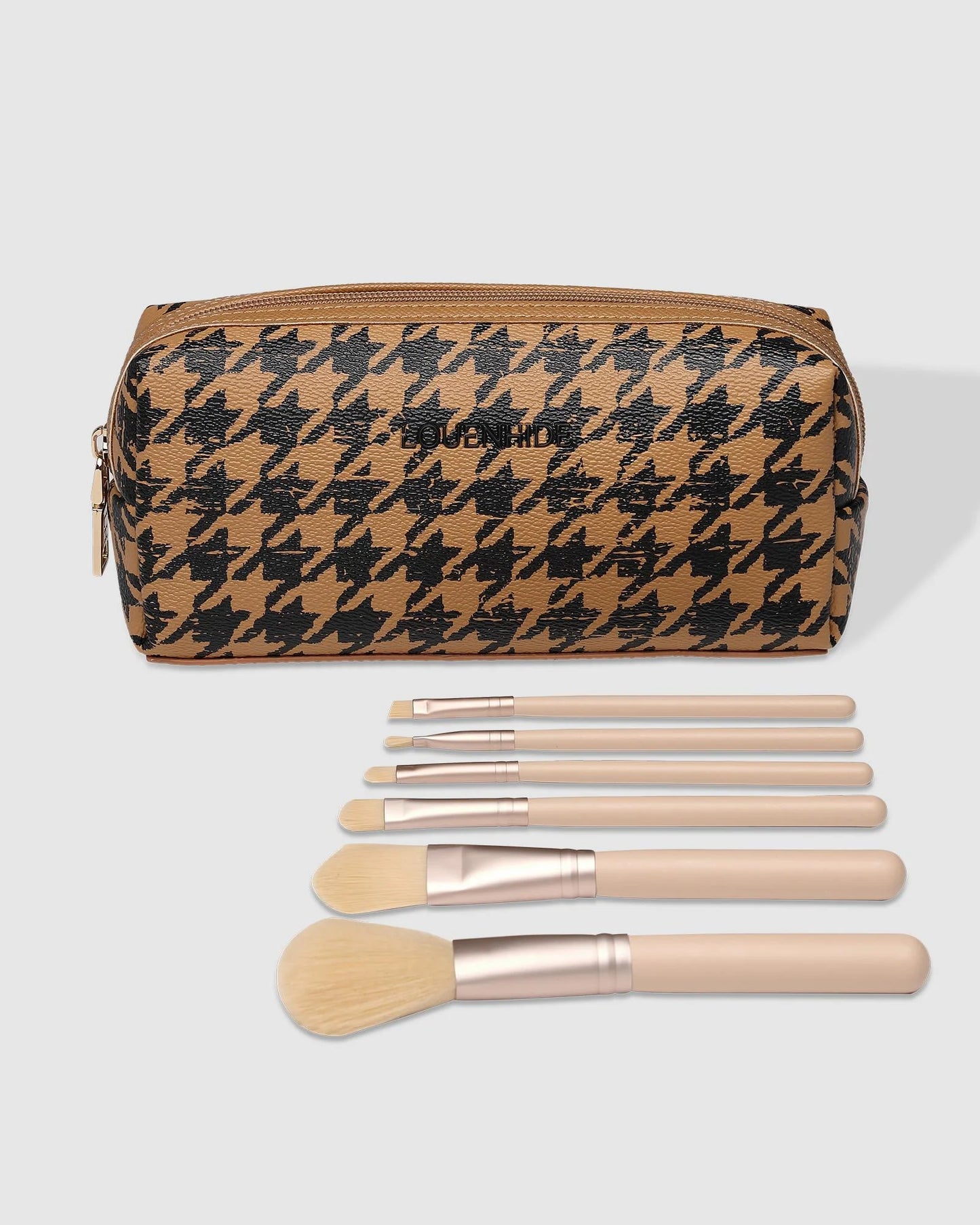 Louenhide Brianna Makeup Bag | Houndstooth Camel incl. 6 Brushes