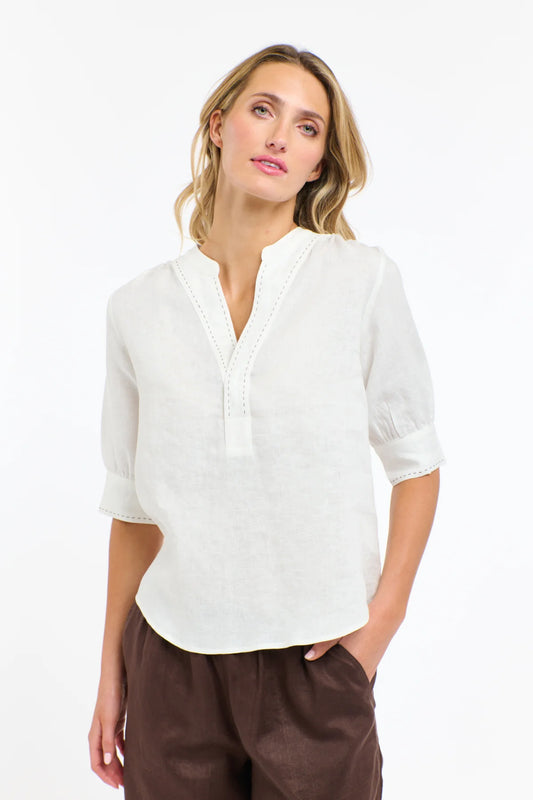 Bradley Linen Stitch Top - White / Choc Stitch