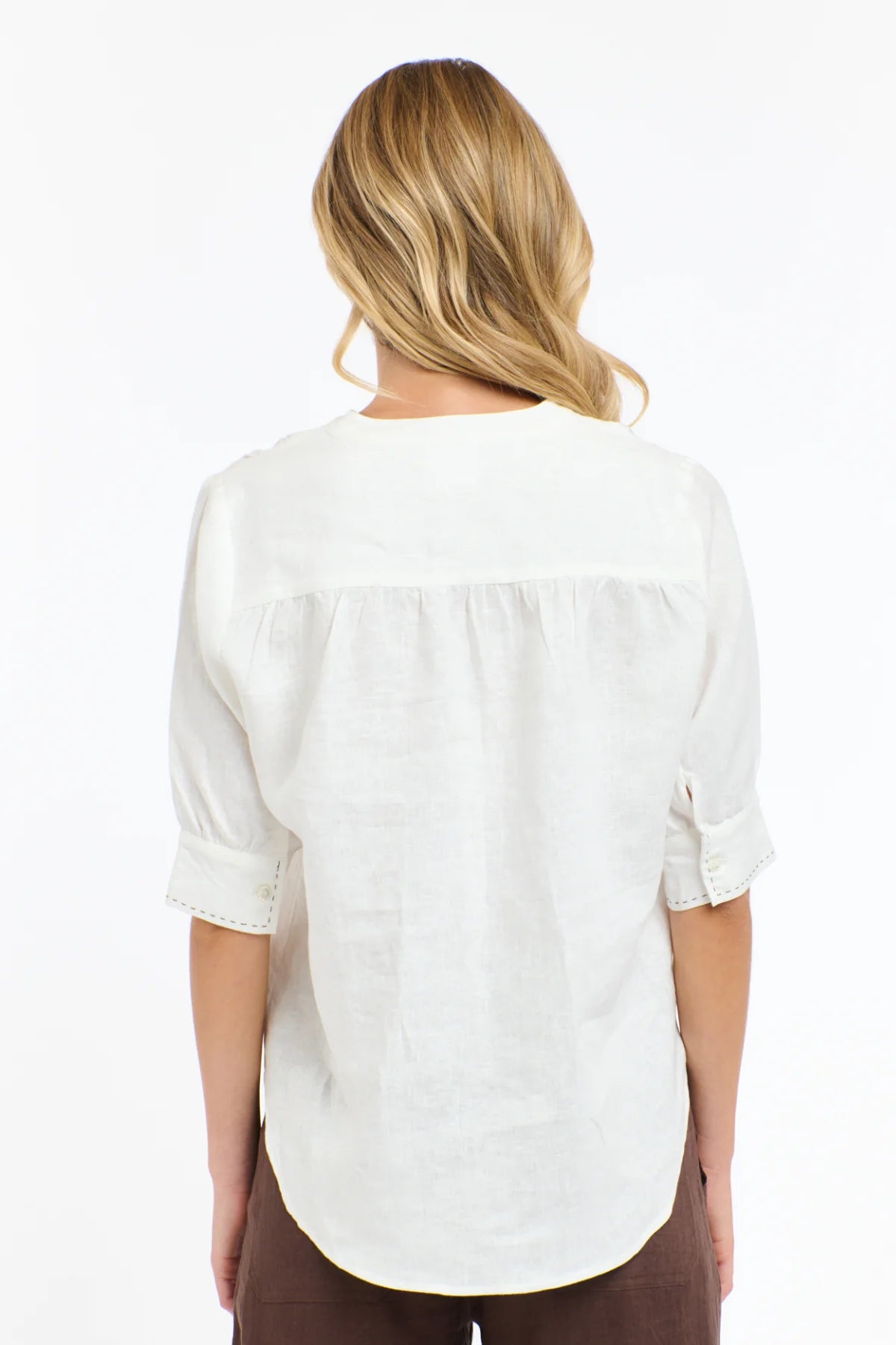 Bradley Linen Stitch Top - White / Choc Stitch