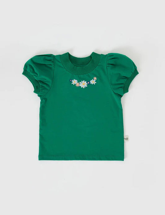 Goldie + Ace Eden Embroidered Puff Sleeve T-Shirt | Bottle Green