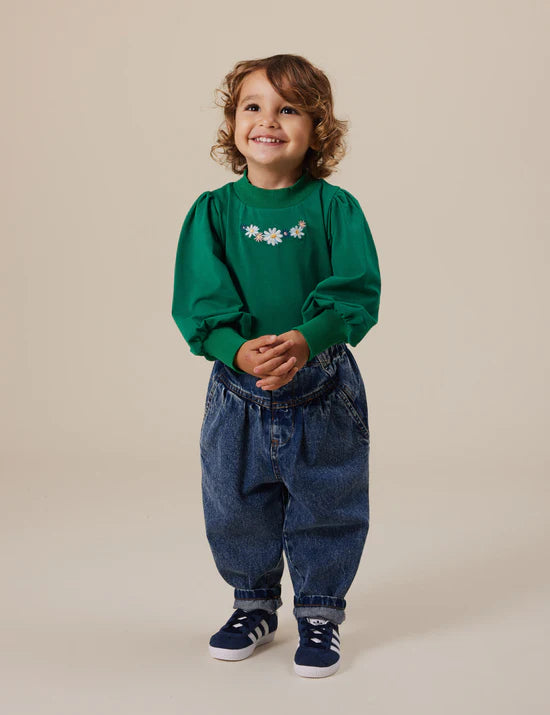 Goldie + Ace Eden Embroidered Puff Long Sleeve Top | Bottle Green