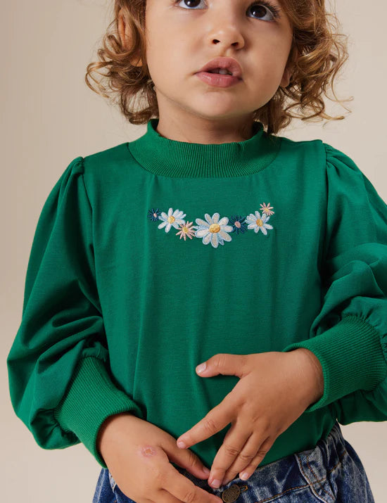 Goldie + Ace Eden Embroidered Puff Long Sleeve Top | Bottle Green