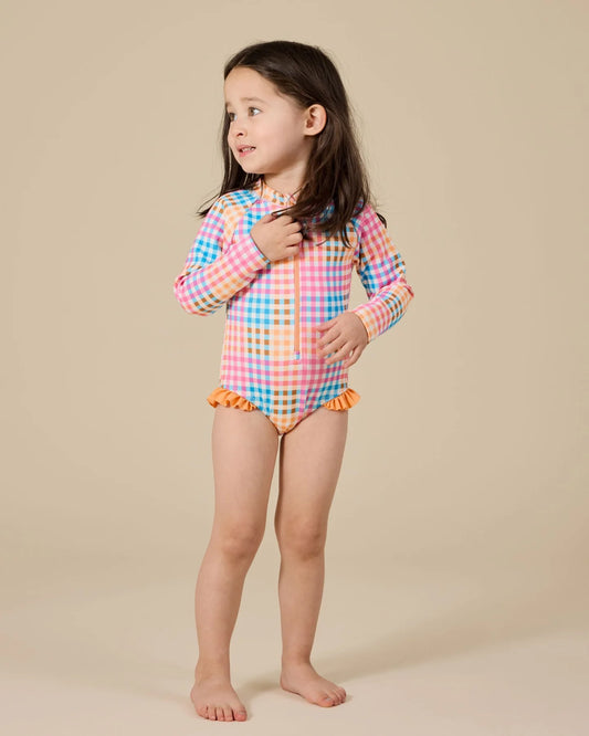 Goldie+Ace Rainbow Gingham Long Sleeve Frill Swimsuit