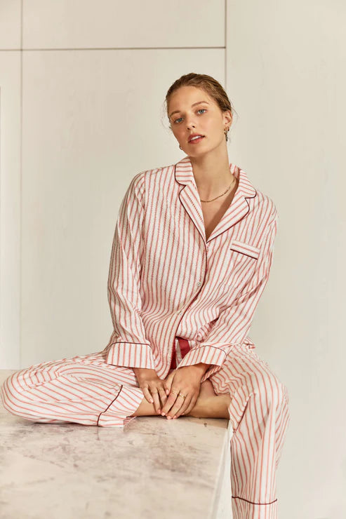 Octavia Cotton Stripe PJ Set | Burgundy