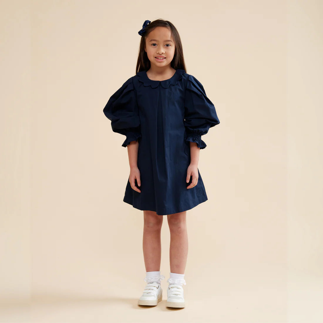 Scallop Detail Smock Dress - Navy Blue