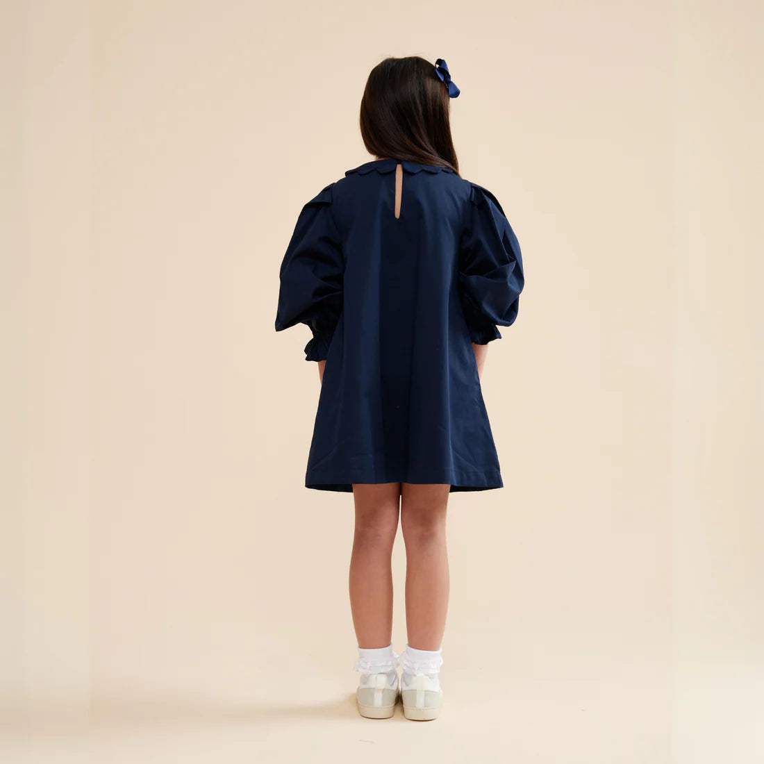Scallop Detail Smock Dress - Navy Blue