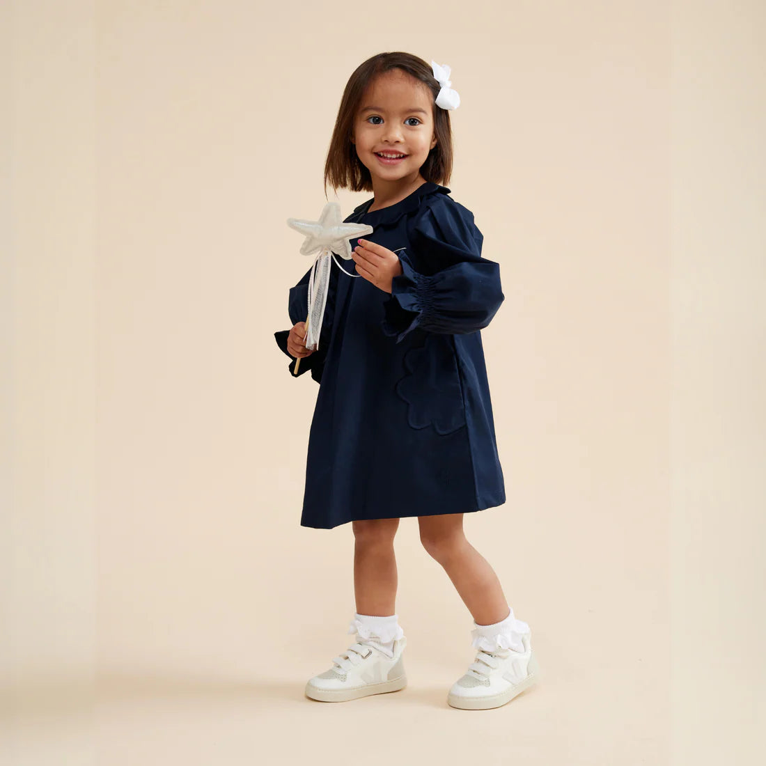 Scallop Detail Smock Dress - Navy Blue
