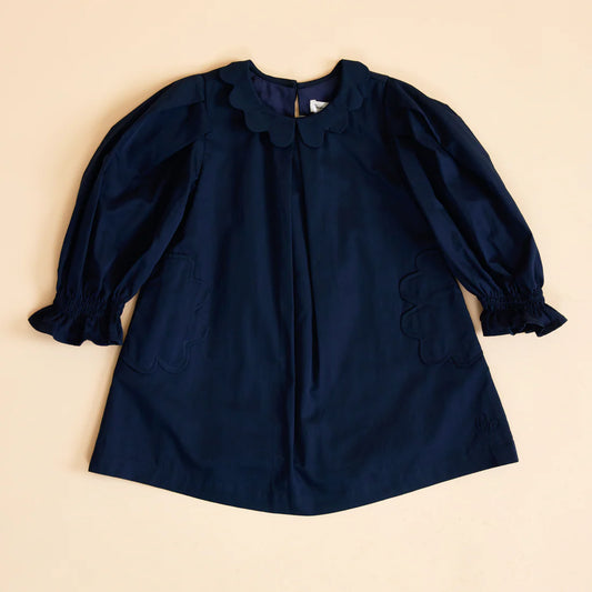 Scallop Detail Smock Dress - Navy Blue