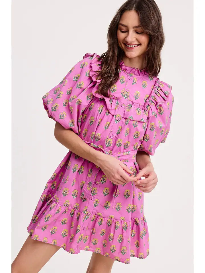 Floral Clusters Ruffled Mini Dress - Orchid Print