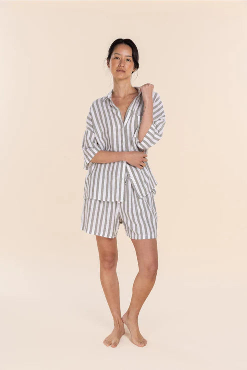 Gingerlilly Evie Linen Short Set - Olive Stripe