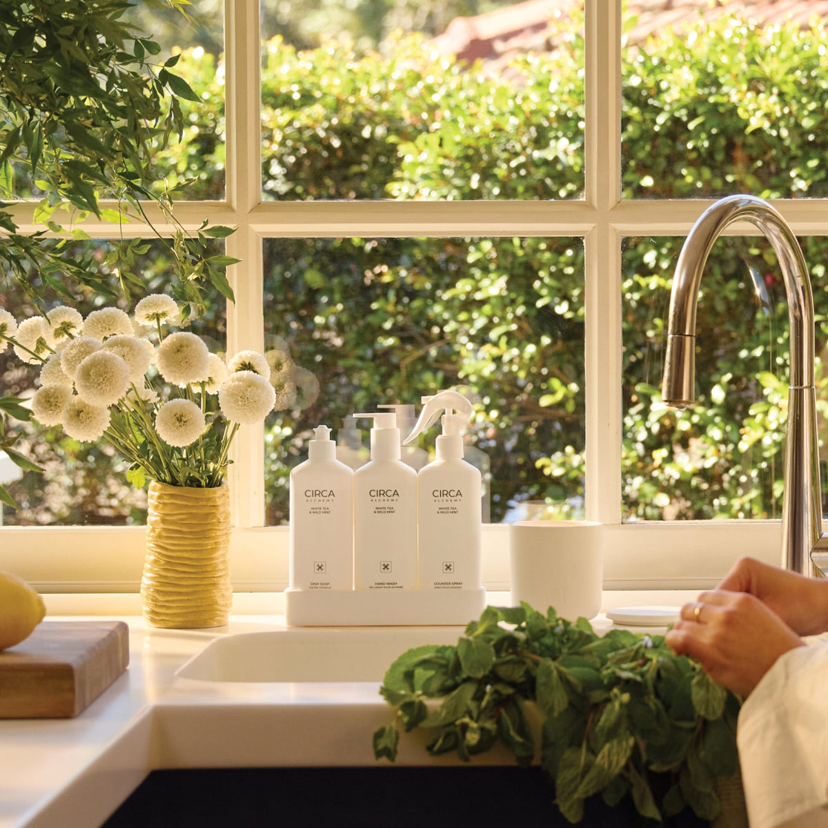 CIRCA White Tea & Wild Mint Kitchen Trio beside a sunlit sink, with fresh flowers and herbs.