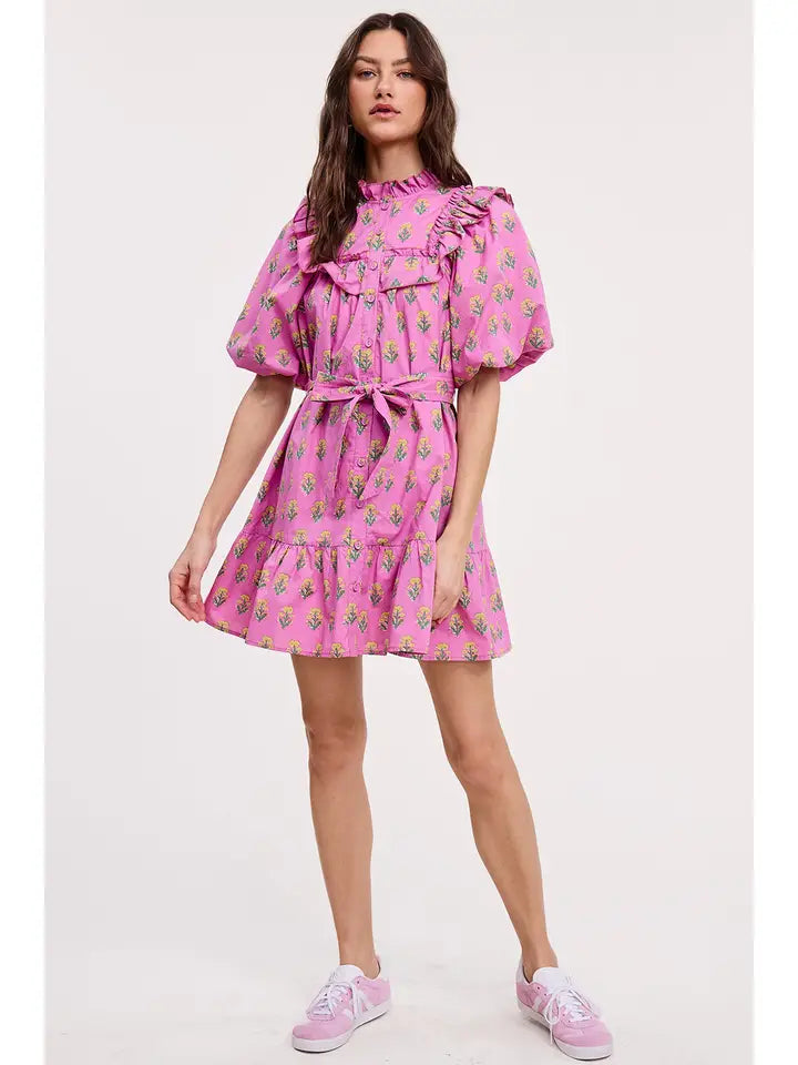 Floral Clusters Ruffled Mini Dress - Orchid Print