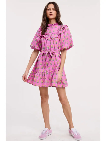 Floral Clusters Ruffled Mini Dress - Orchid Print