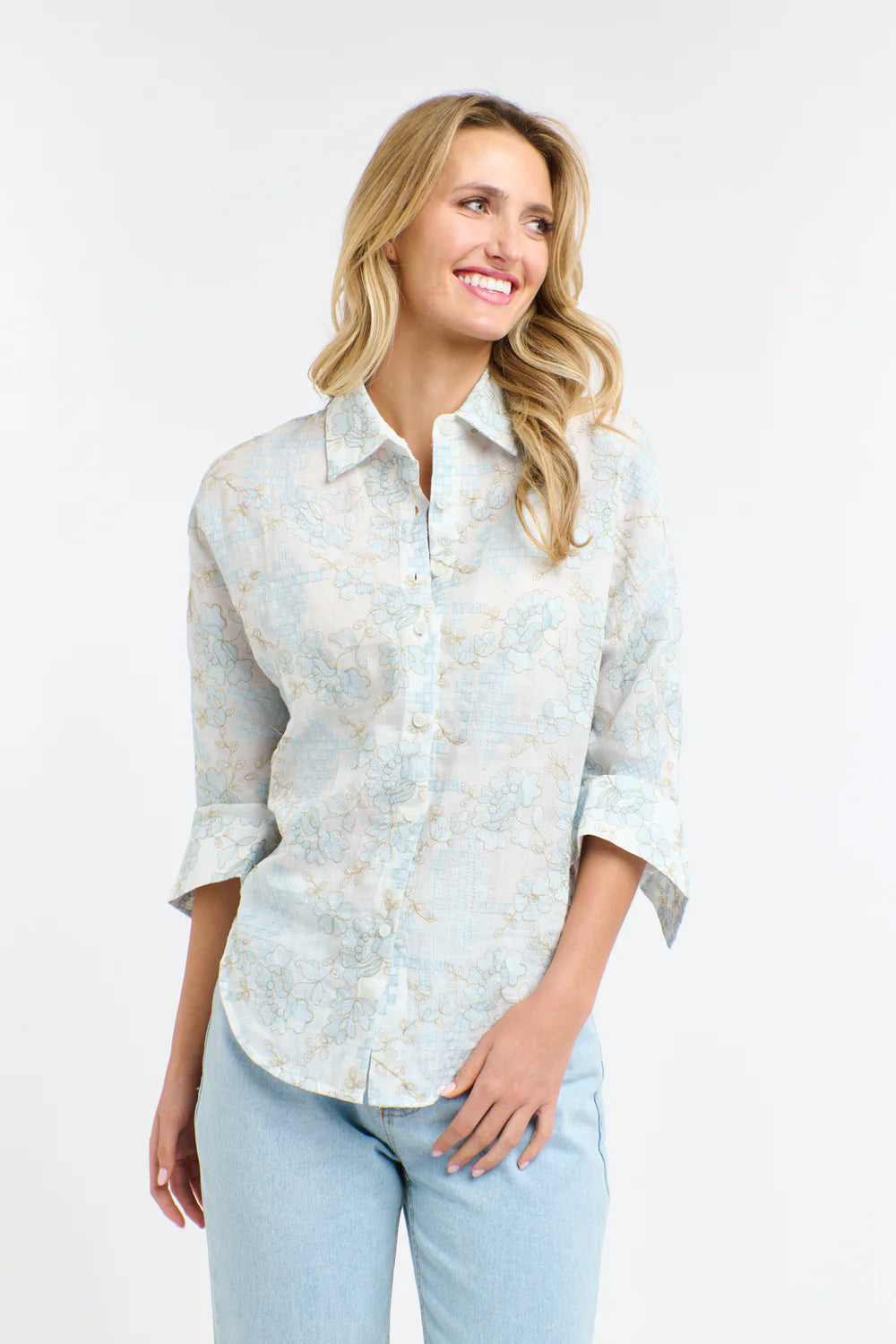 365 Days Amelia Embroidered Shirt - White/Light Blue