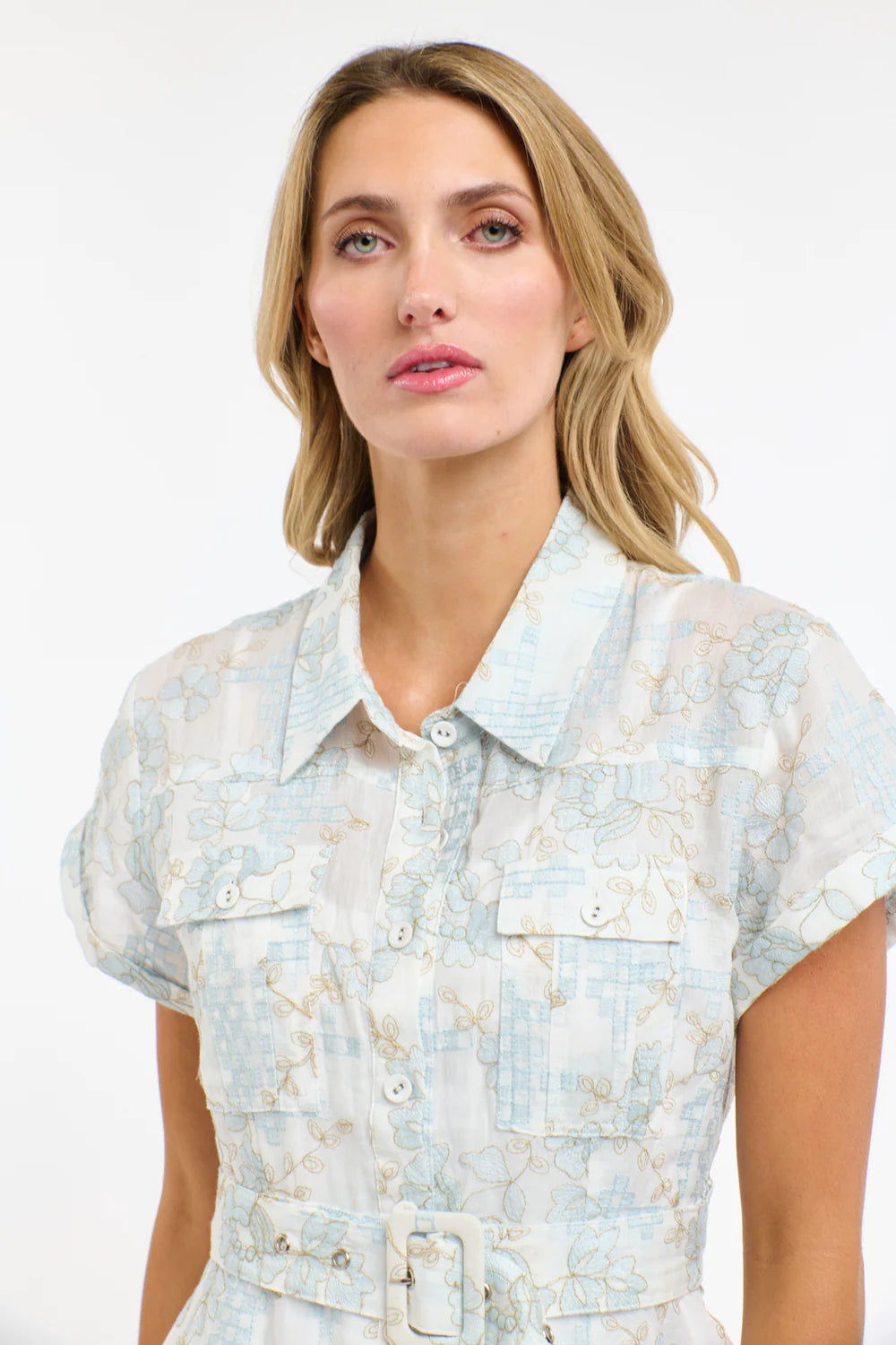 Amelia Embroidered Dress- White/LightBlue