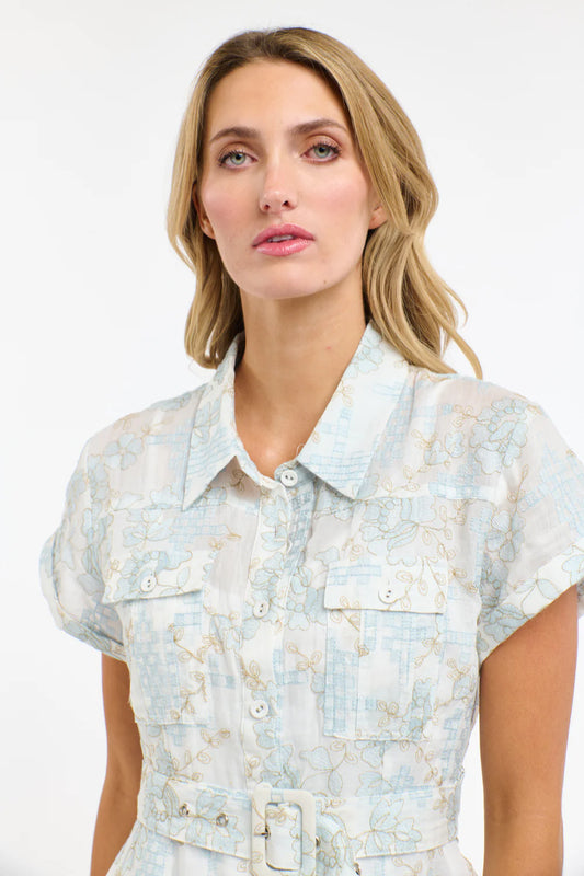 Amelia Embroidered Dress- White/LightBlue