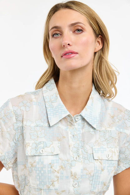 Amelia Embroidered Dress- White/LightBlue