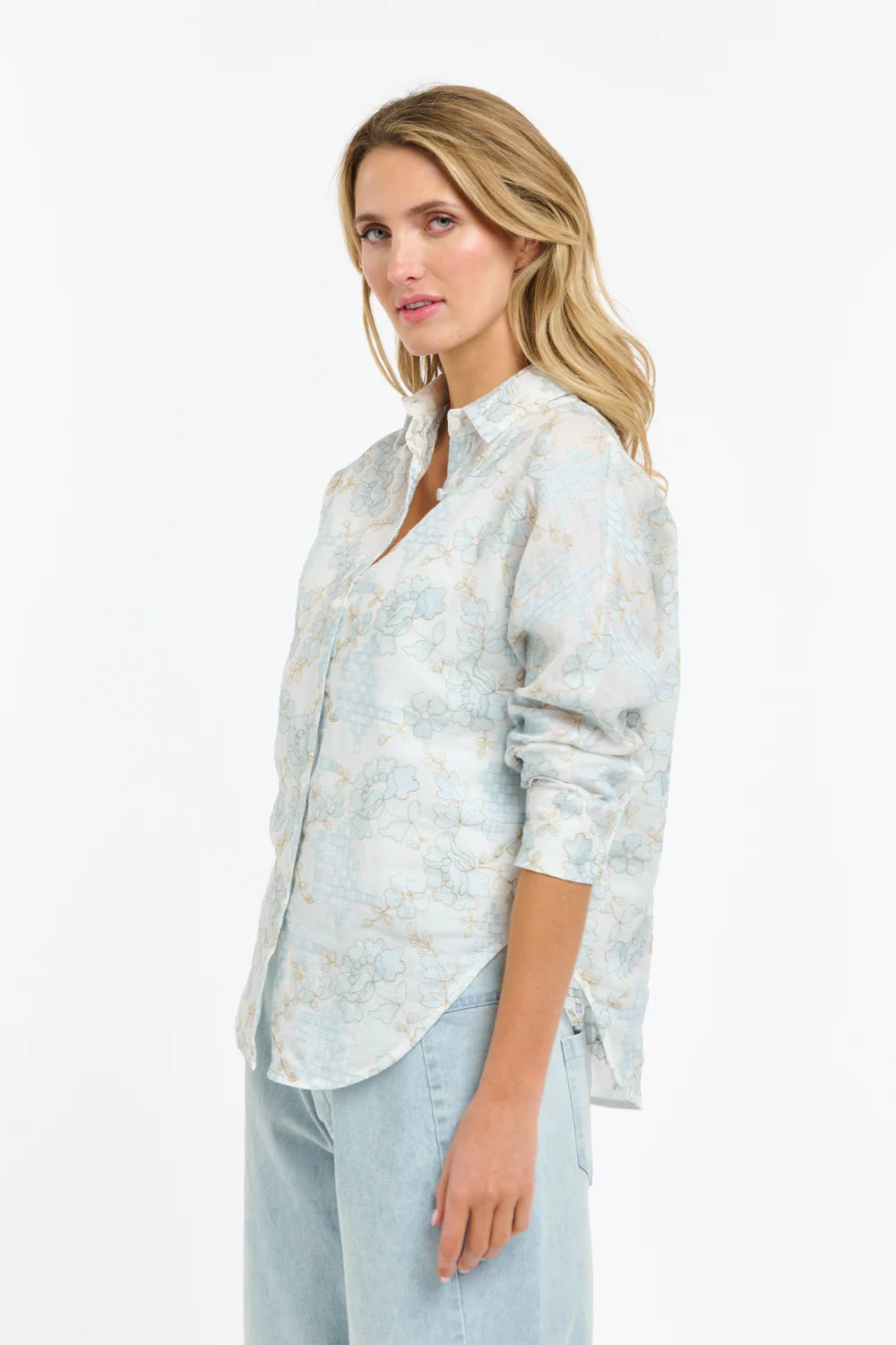 Amelia Embroidered Shirt - White/Light Blue
