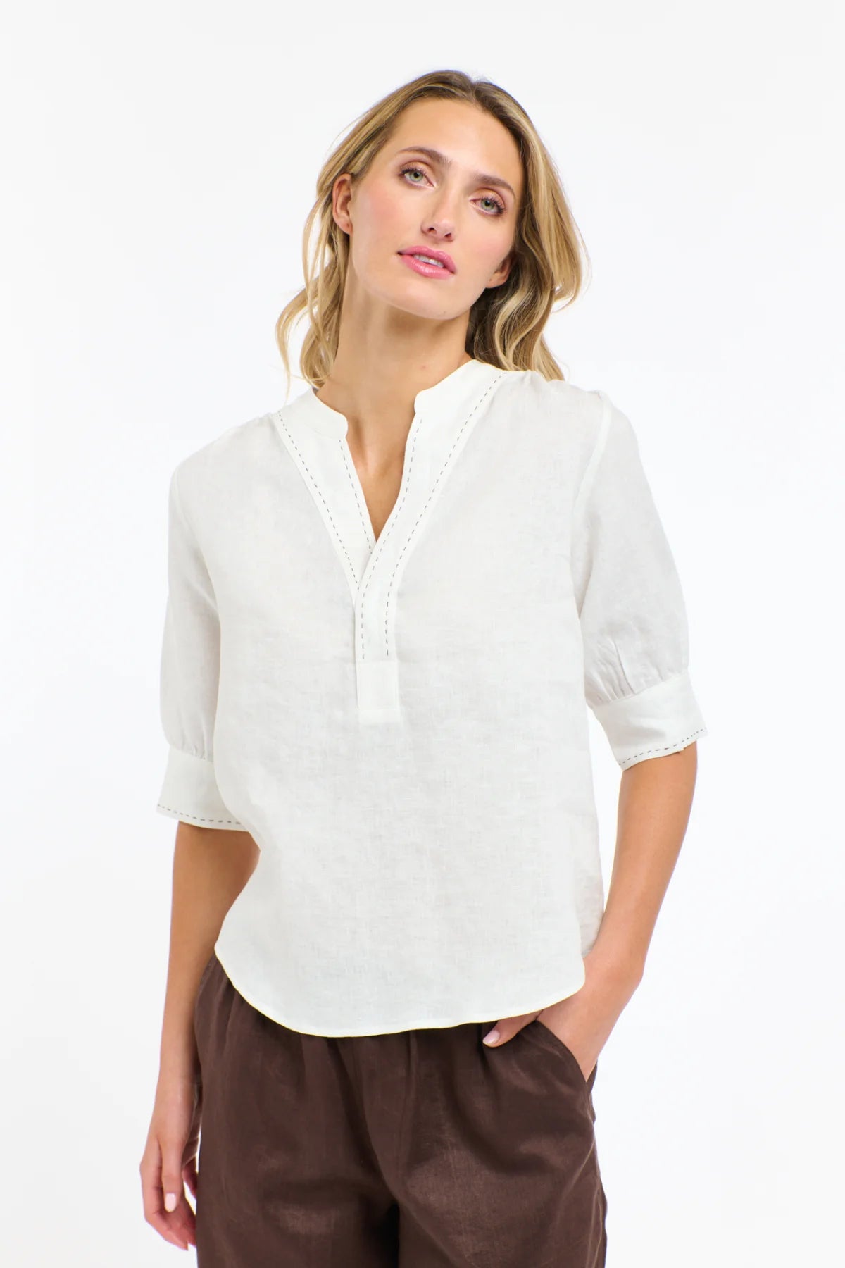 Bradley Linen Stitch Top - White / Choc Stitch