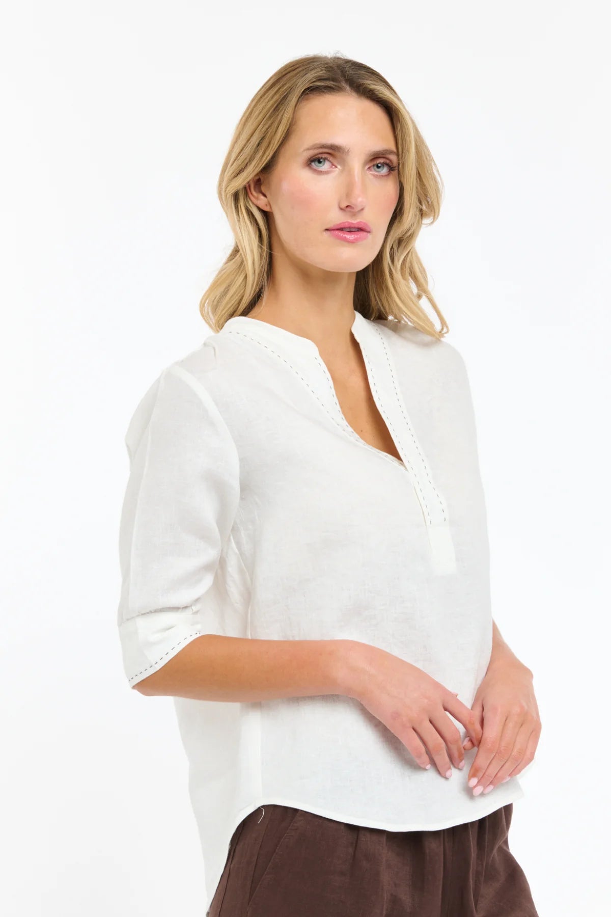 Bradley Linen Stitch Top - White / Choc Stitch