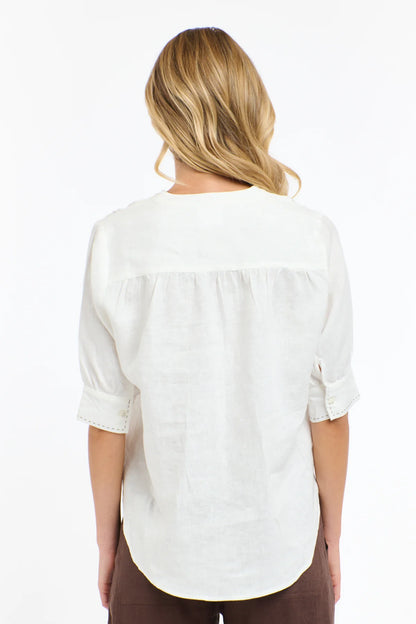 Bradley Linen Stitch Top - White / Choc Stitch
