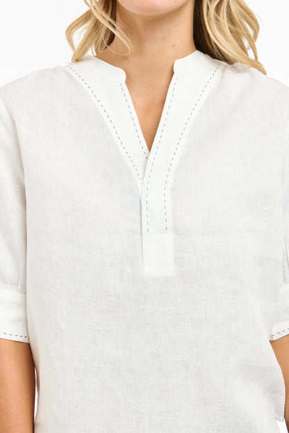 Bradley Linen Stitch Top - White / Choc Stitch
