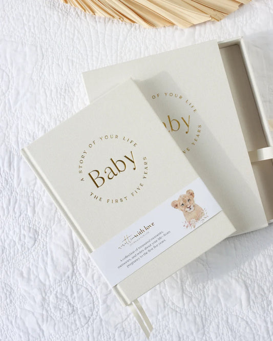Baby Memory Book with Keepsake Box – Classic White Linen