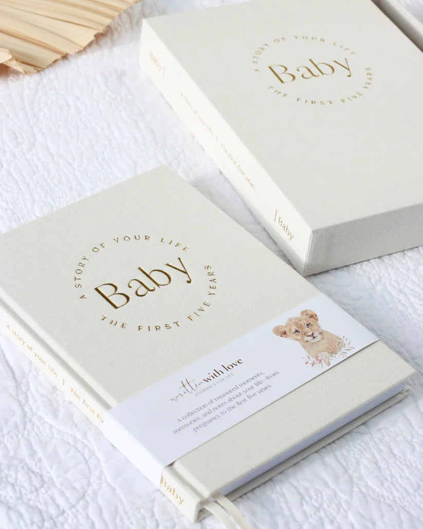 Baby Memory Book with Keepsake Box – Classic White Linen