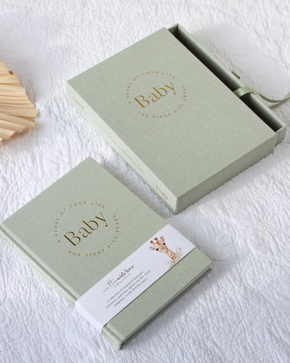 Baby Memory Book with Keepsake Box – Sage Green Linen