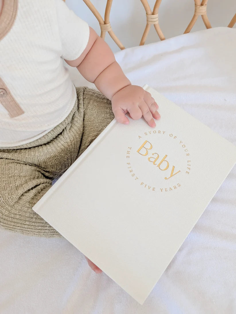 Baby Memory Book with Keepsake Box – Classic White Linen
