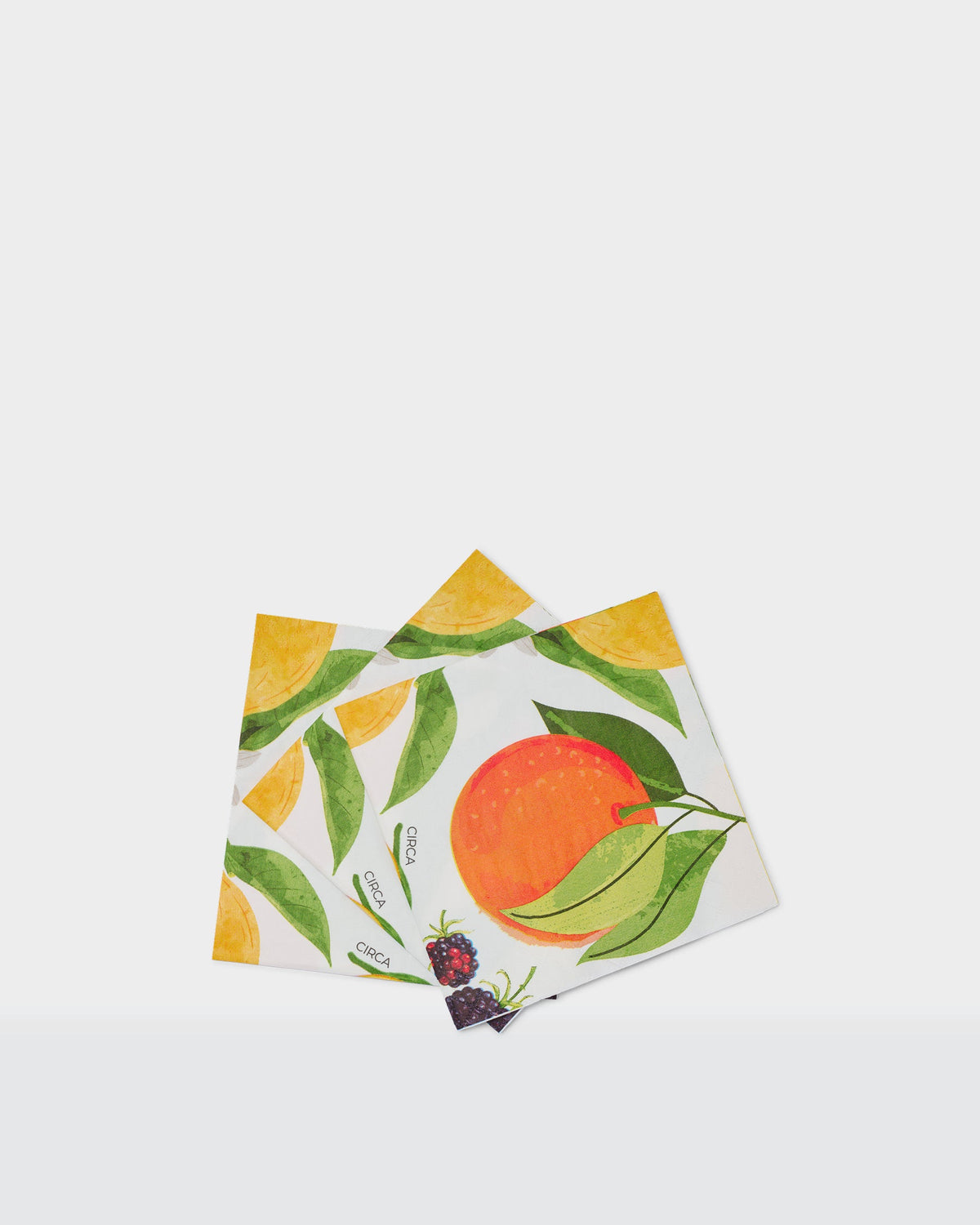 Summer paper cocktail napkins with an orange, green leaves and small floral details.