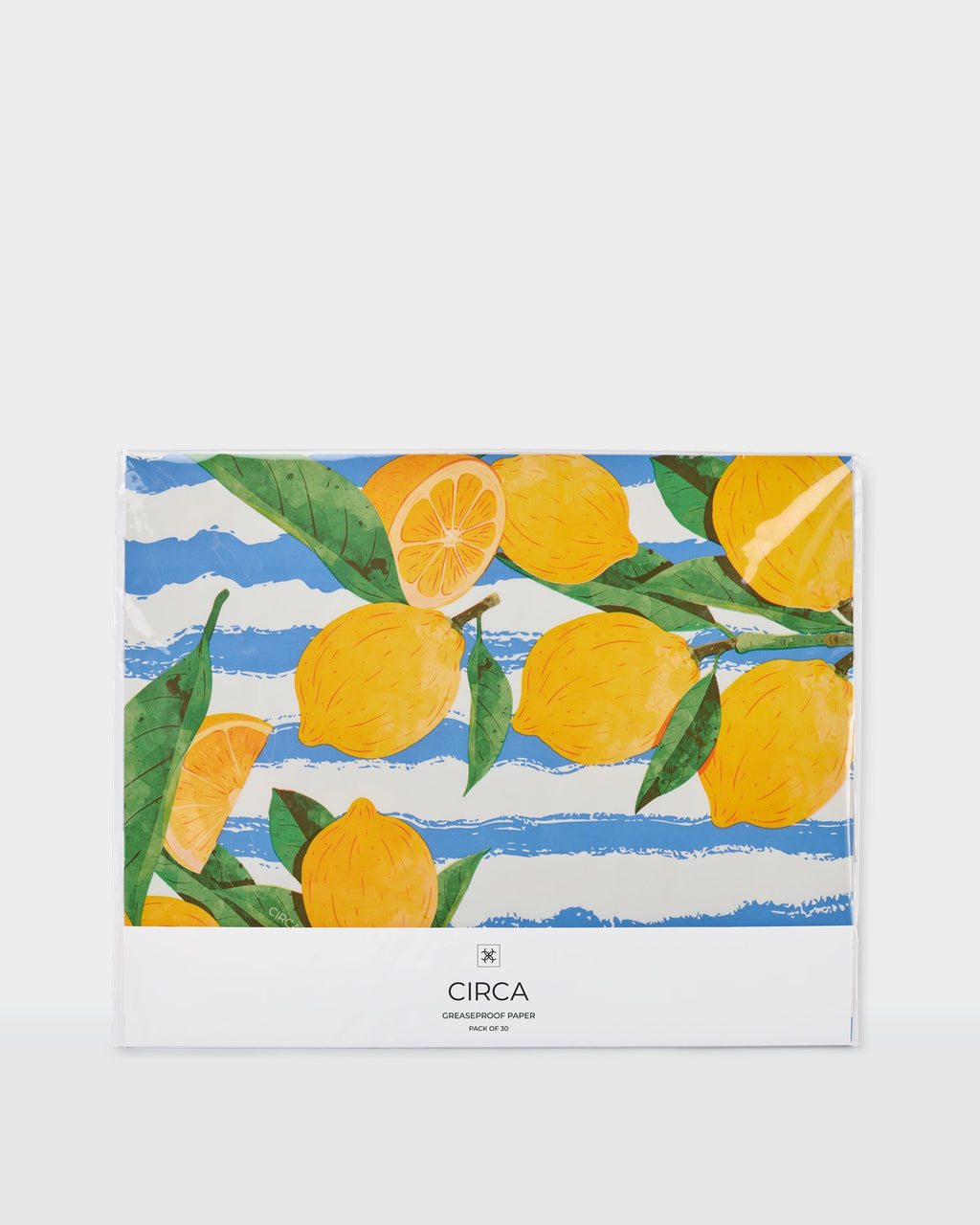 Summer greaseproof paper featuring lemons, colourful stripes and a Sorrento illustration.