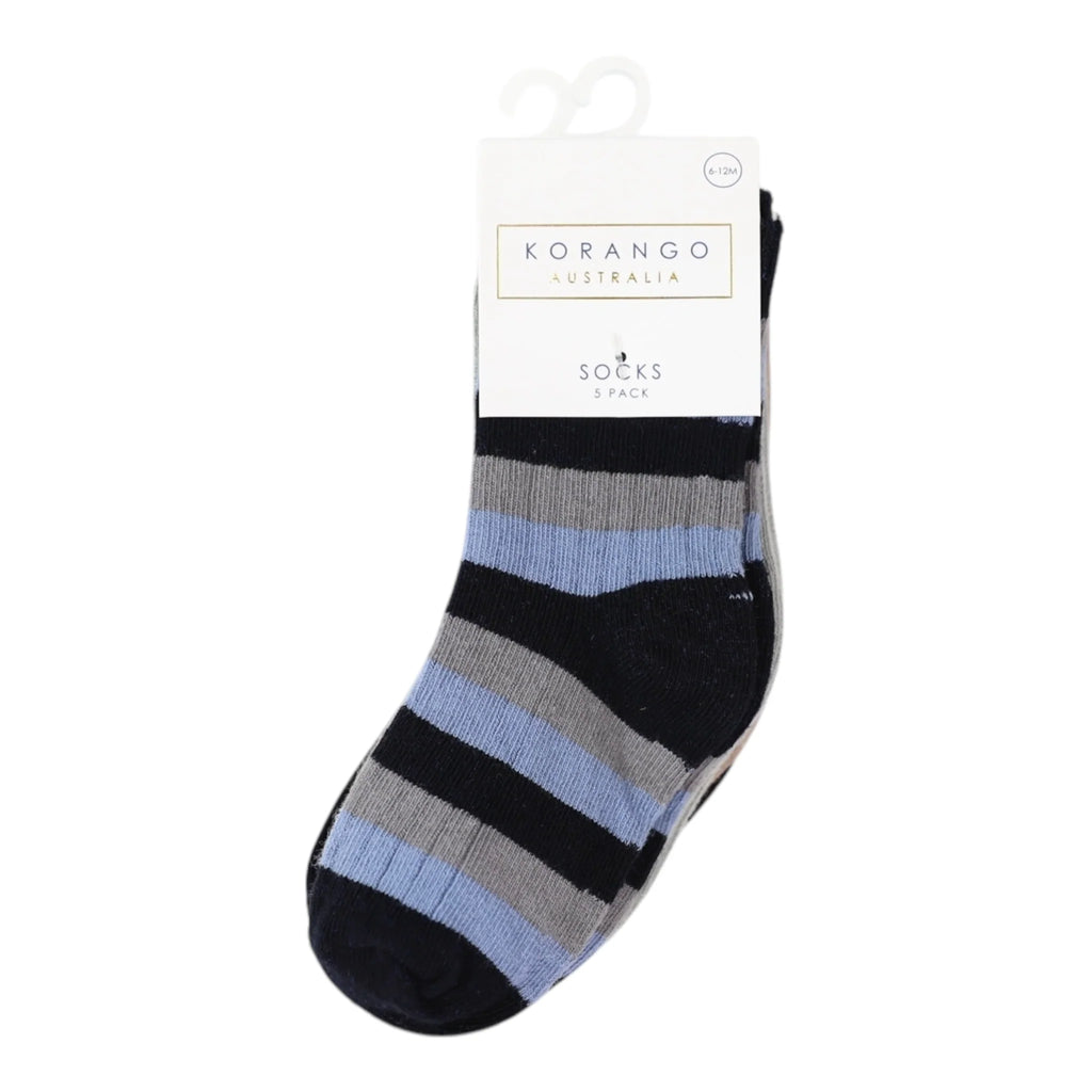 Korango Ribbed Socks 5pk Plain with Navy Stripe