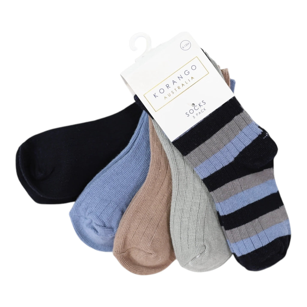 Korango Ribbed Socks 5pk Plain with Navy Stripe