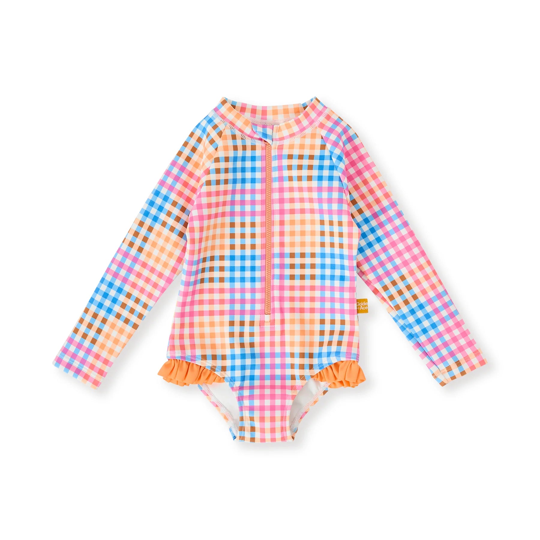 Goldie+Ace Rainbow Gingham Long Sleeve Frill Swimsuit