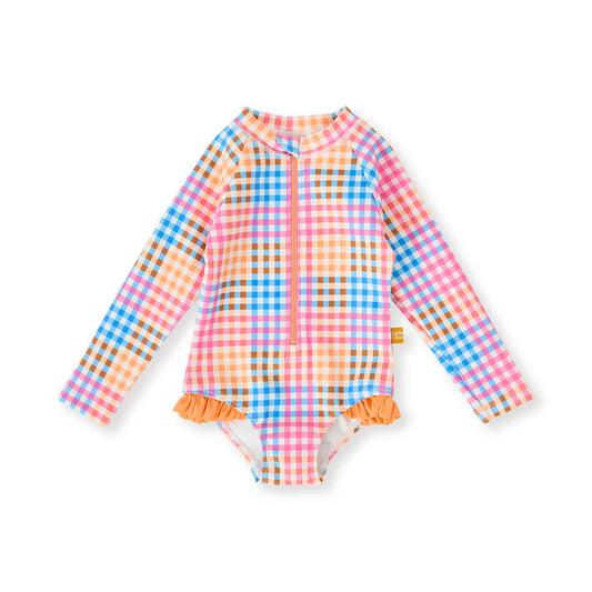 Goldie+Ace Rainbow Gingham Long Sleeve Frill Swimsuit