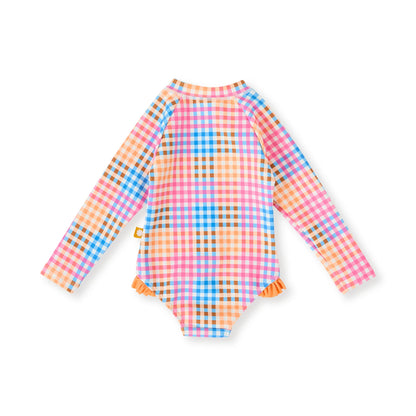 Goldie+Ace Rainbow Gingham Long Sleeve Frill Swimsuit