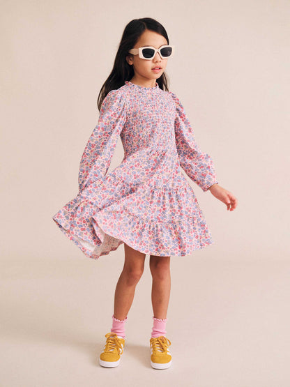 Huxbaby Vintage Floral Puff Long Sleeve Shirred Dress