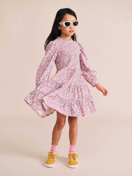 Huxbaby Vintage Floral Puff Long Sleeve Shirred Dress