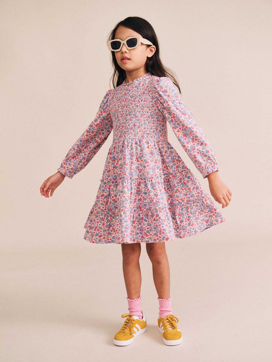 Huxbaby Vintage Floral Puff Long Sleeve Shirred Dress