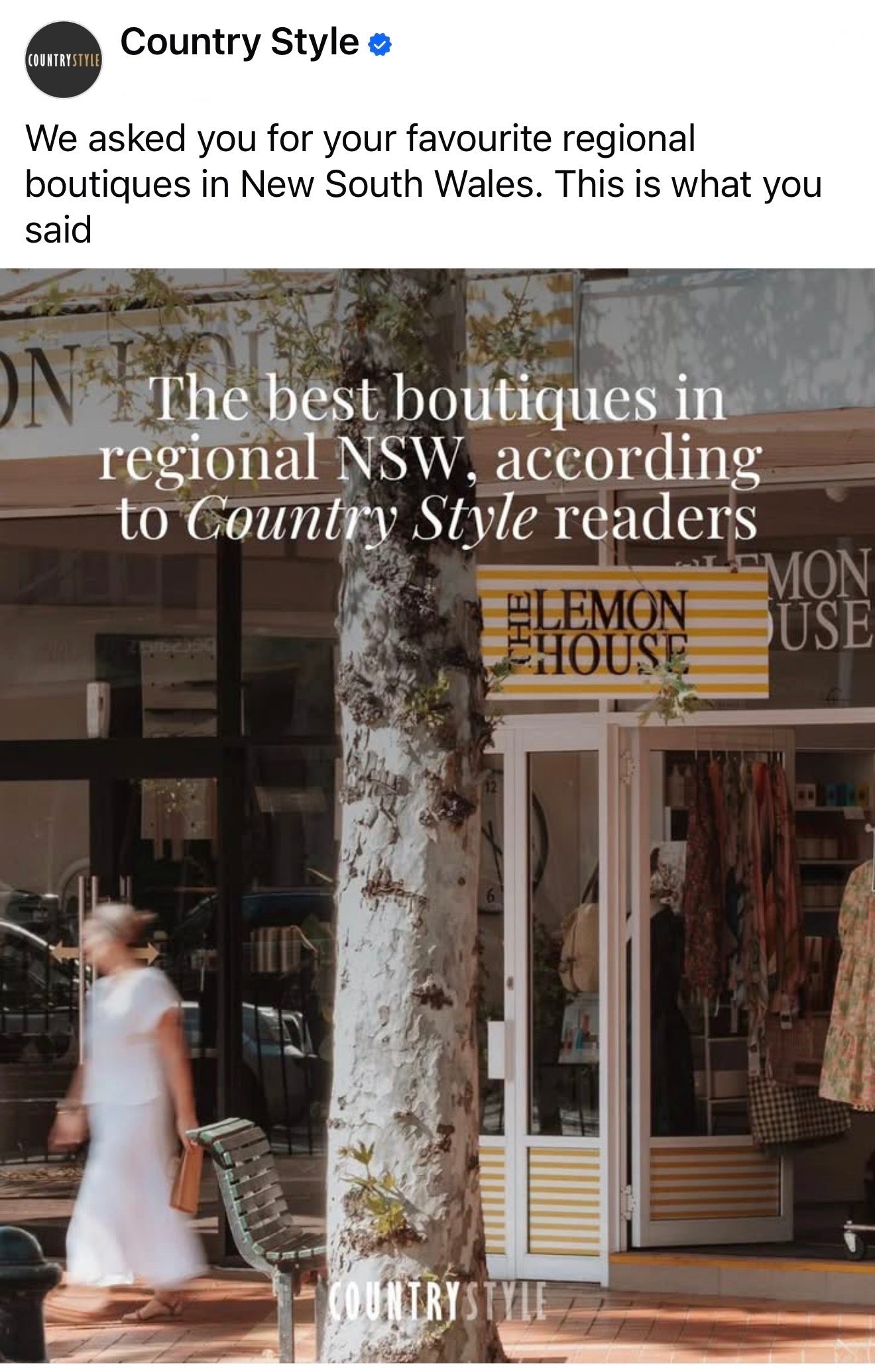 A social media post from Country Style featuring a photo of The Lemon House in the regional NSW town of Tamworth, with a tree in the foreground and a woman walking past. The post text asks for the favourite regional boutiques in New South Wales, and readers voted for The Lemon House.