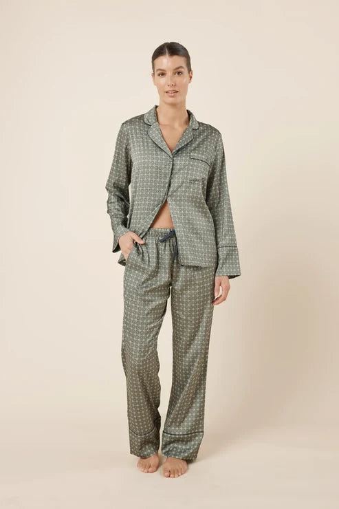 Gingerlilly Kienna Geo Printed Silky Satin PJ Set - Olive