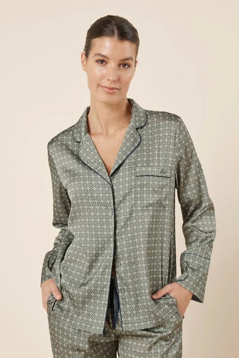 Gingerlilly Kienna Geo Printed Silky Satin PJ Set - Olive