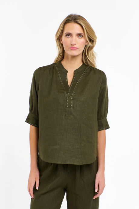 365 Days Bradley Linen Stitch Top - Khaki / White Stitch