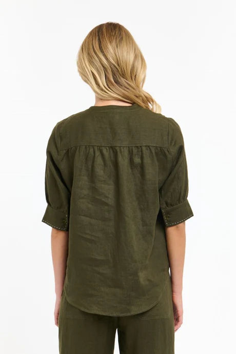 365 Days Bradley Linen Stitch Top - Khaki / White Stitch