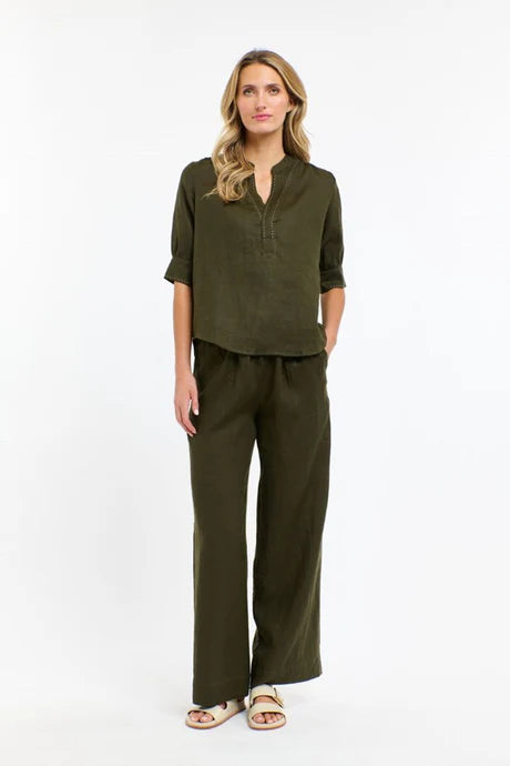 Bradley Linen Stitch Top - Khaki / White Stitch