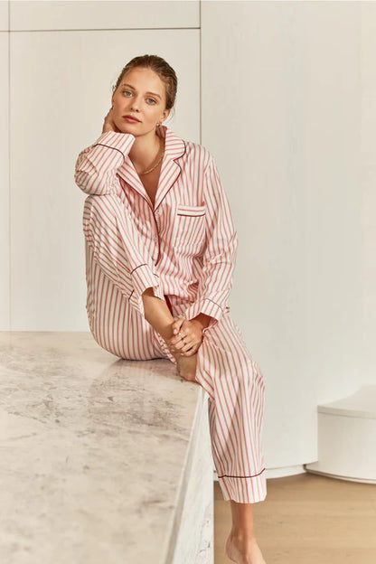 Octavia Cotton Stripe PJ Set | Burgundy