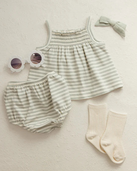 Quincy Mae Smocked Tank + Bloomer Set - Sage Stripe